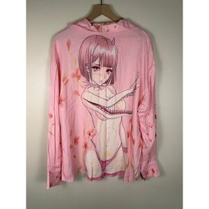 DROP DEAD Hentai Pastel Goth Edgy Button Up Men L Pink Anime Graphic Long Sleeve